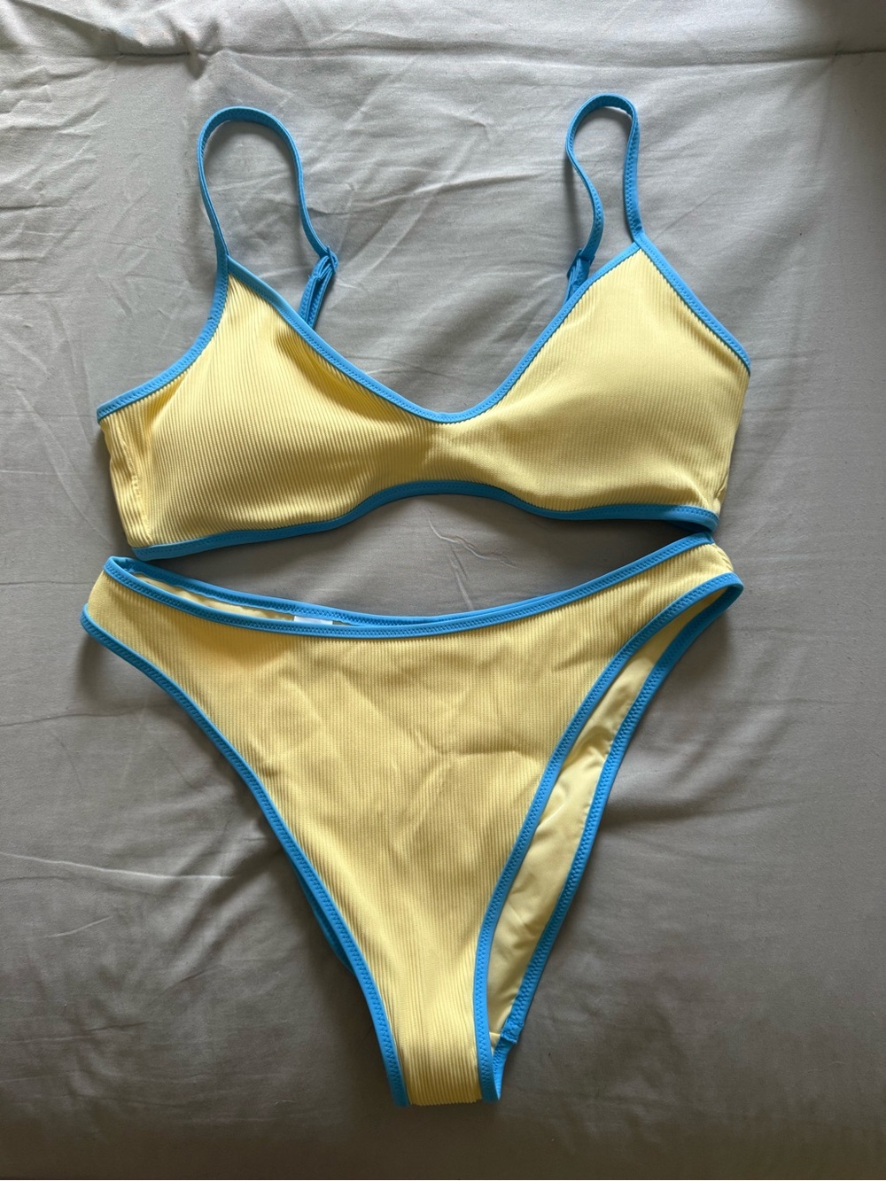 aerie Yellow Ribbed Bikini with Blue Trim